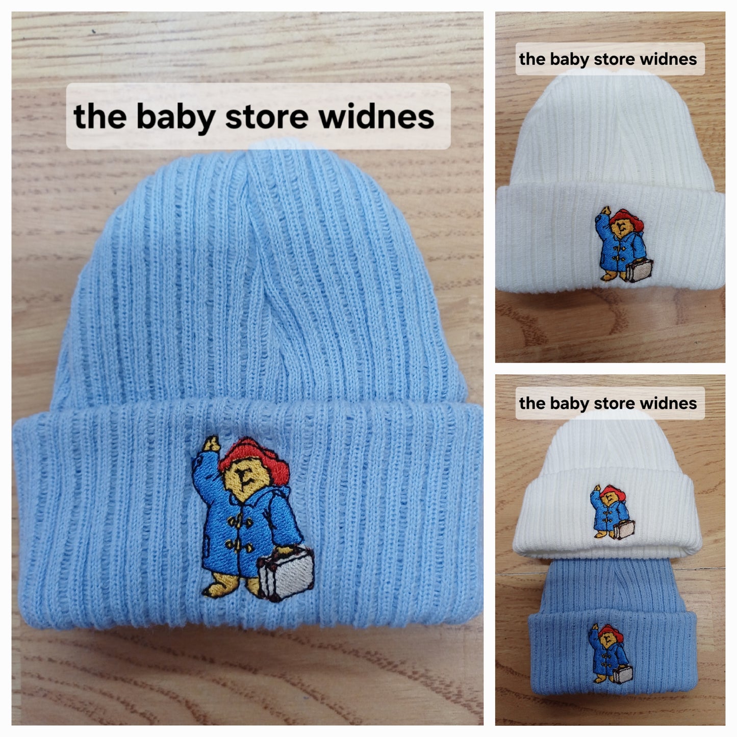 Babys knitted beanie hats embroidered with a bear