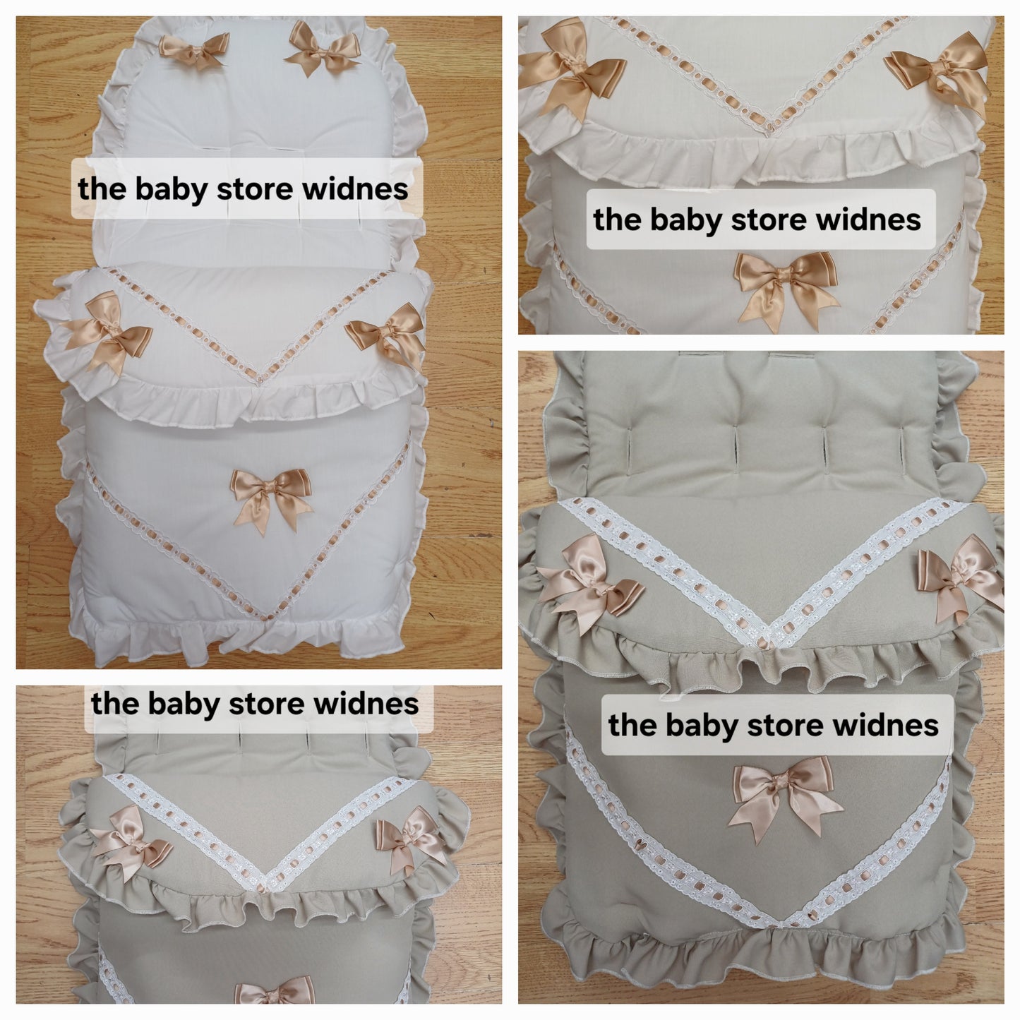 Babys unisex universal fit pram cosytoes footmuff pram set with bows colour white / beige