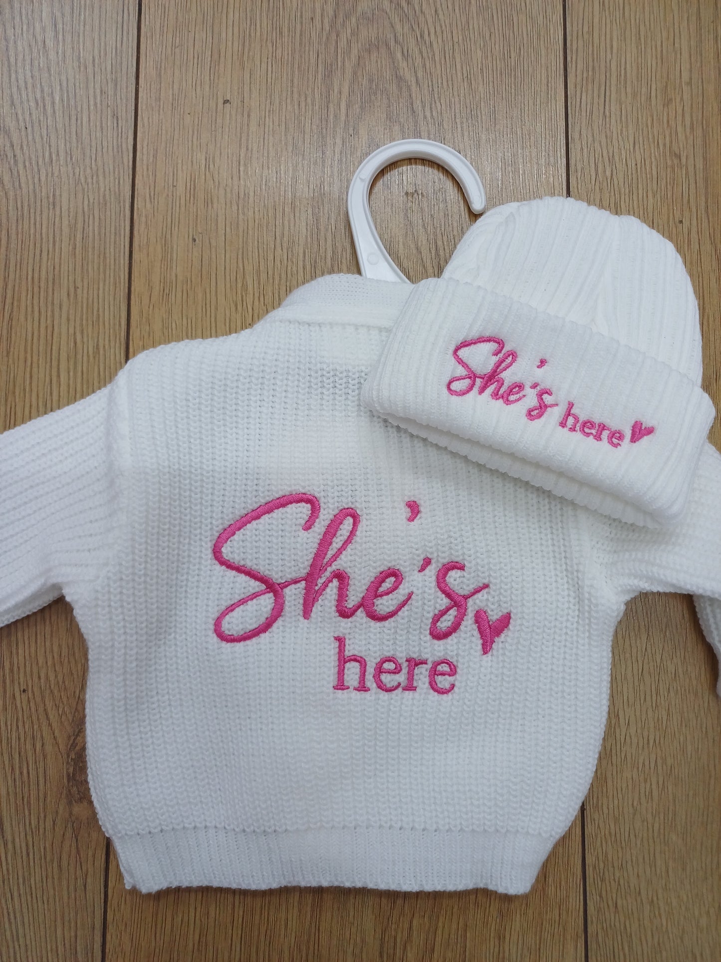 Babys knitted cardie and hat set with He's here or she's here embroidery