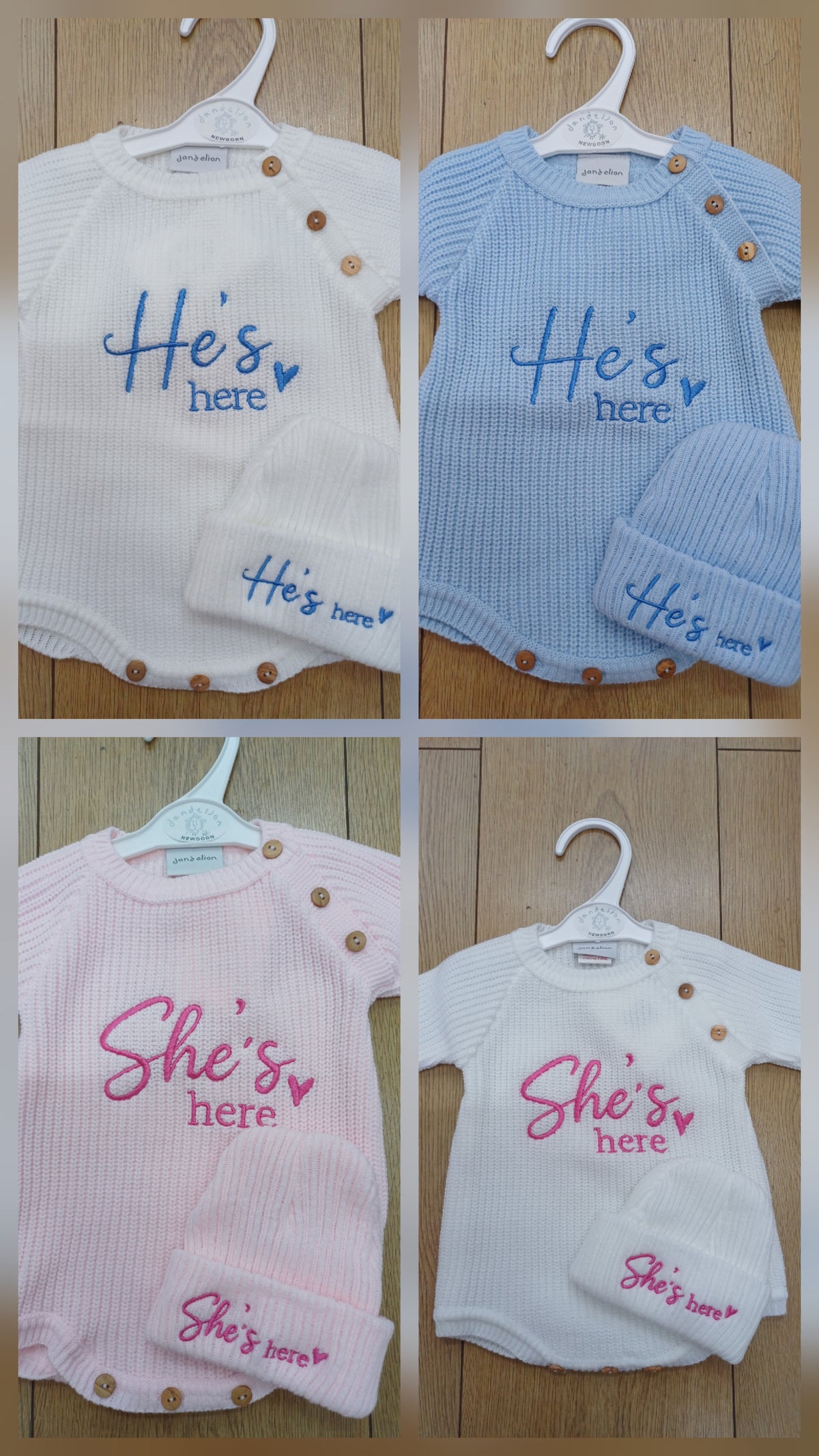 Dandelion Babys knitted romper and hat set with He's or she's here embroidery