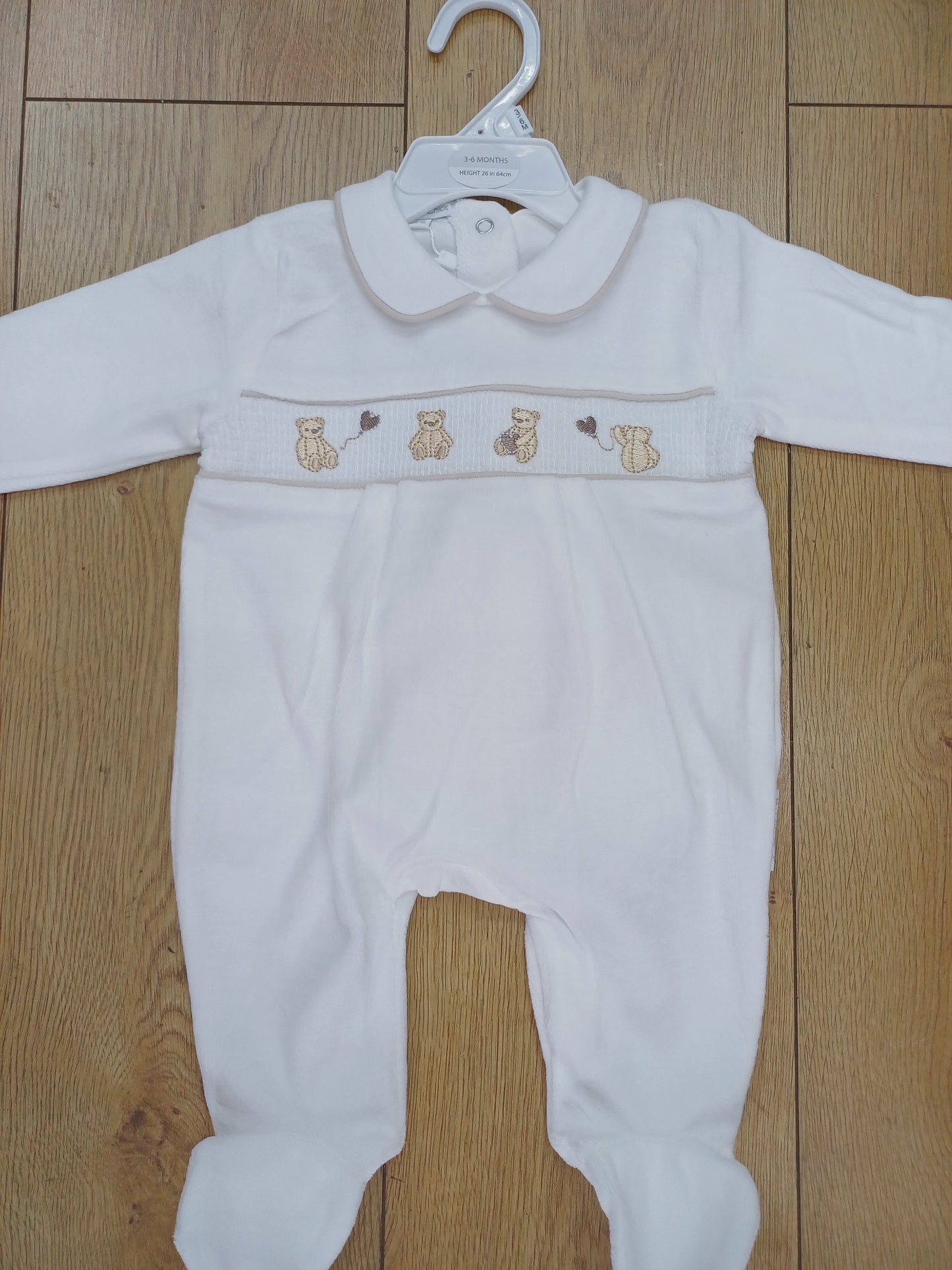 Babys unisex smocked velour baby grow sleepsuit with teddy bear Embroidery