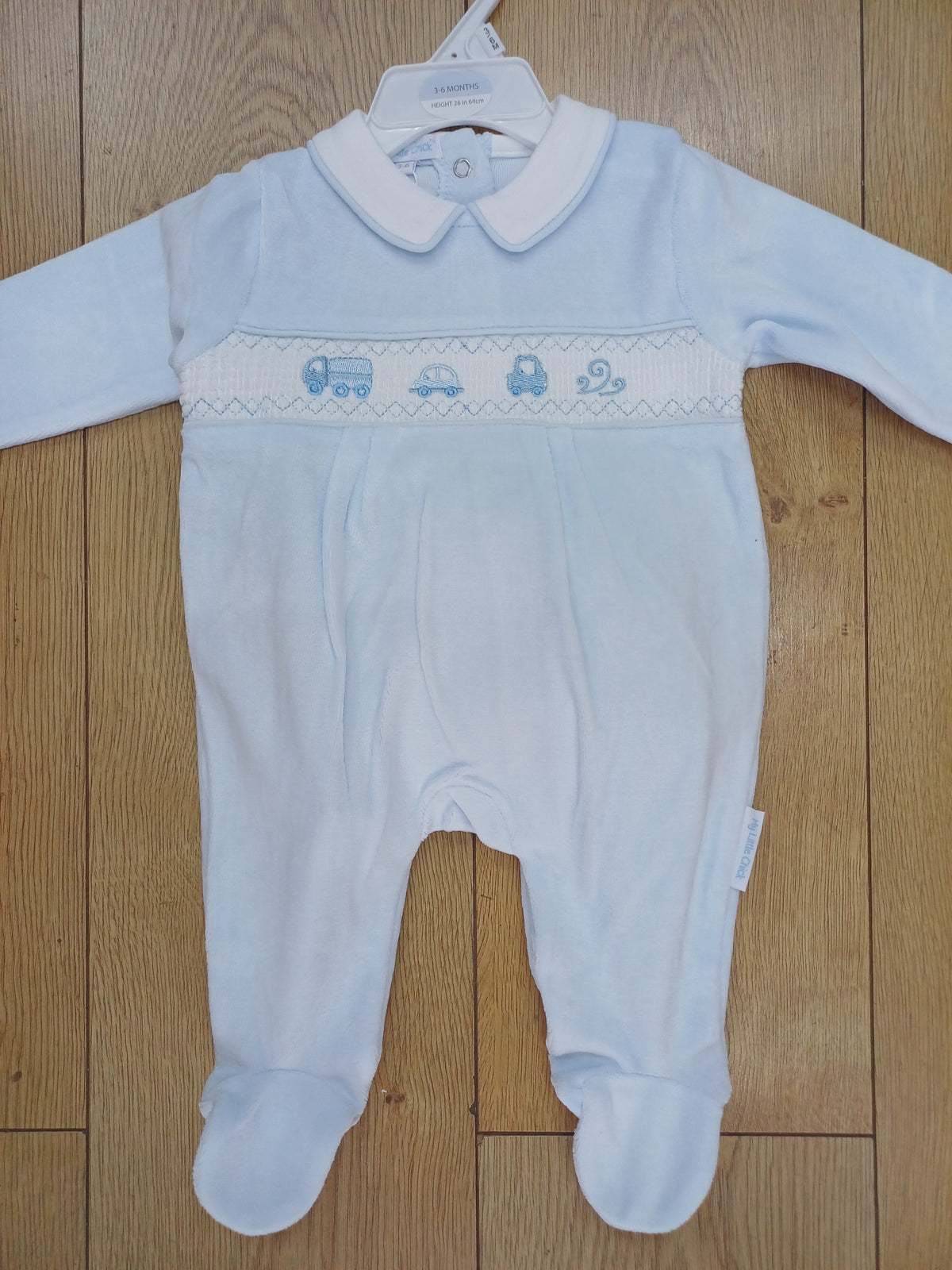 Baby Boys smocked velour romper with truck and cars embroidery