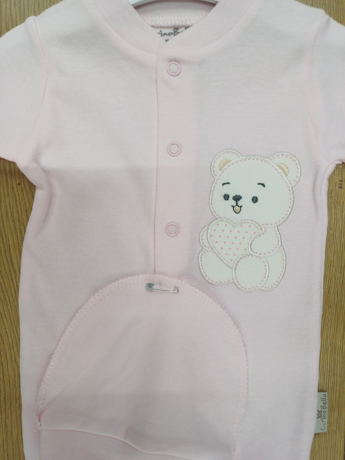 Baby girls cotton sleepsuit with teddy bear design motif and hat