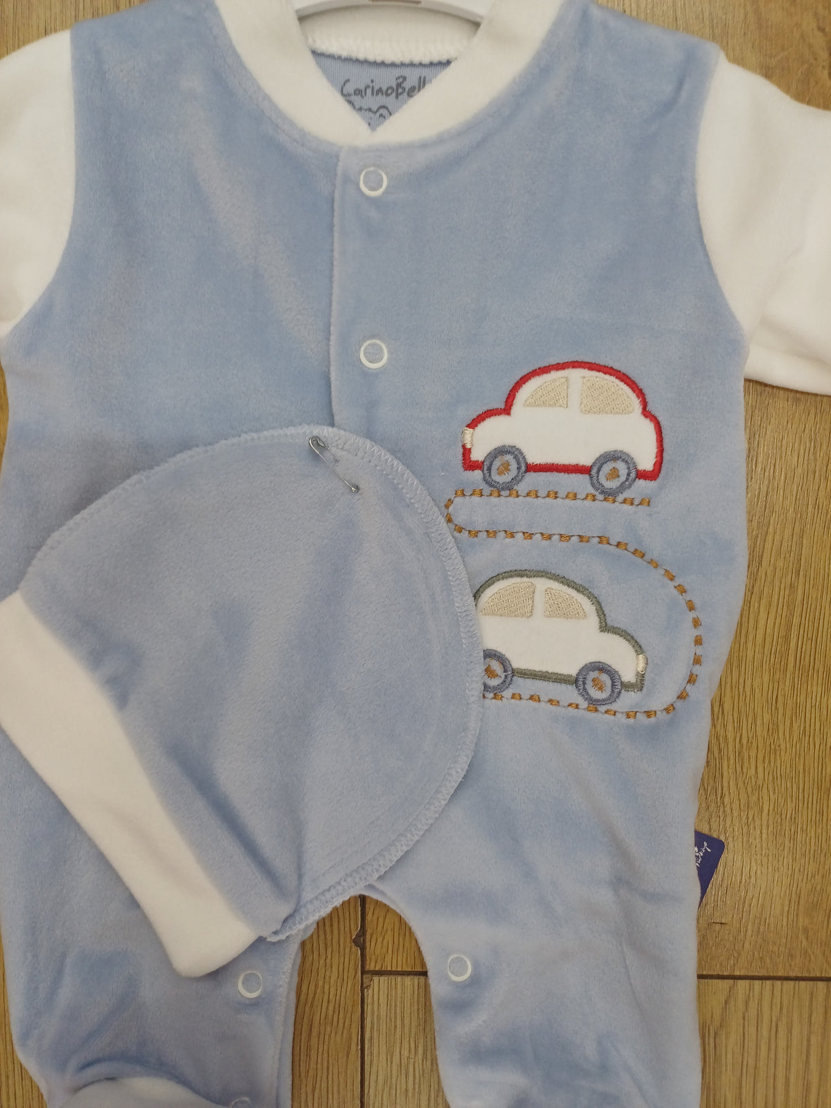Baby Boys velour car motif design sleepsuit and hat