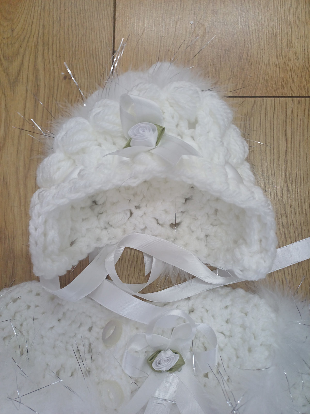 Baby girls handmade crochet pretty cardigan and bonnet set with bows and sparkle malibu fur trim