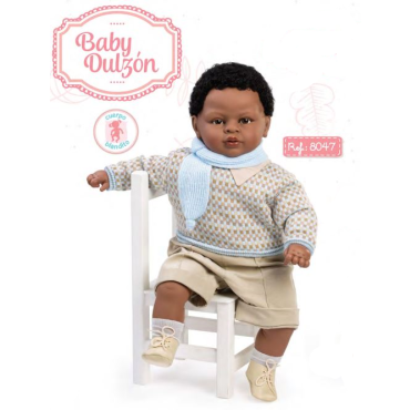 Spanish toddler crying black doll in knitted jumper and shorts size 62cm
