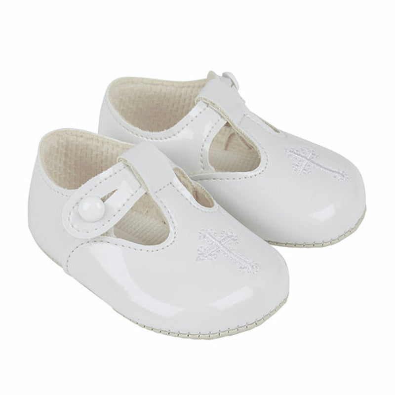 Baypods baby Boys or girls pre walker soft sole pram shoes Ideal for christening embroidered with a cross