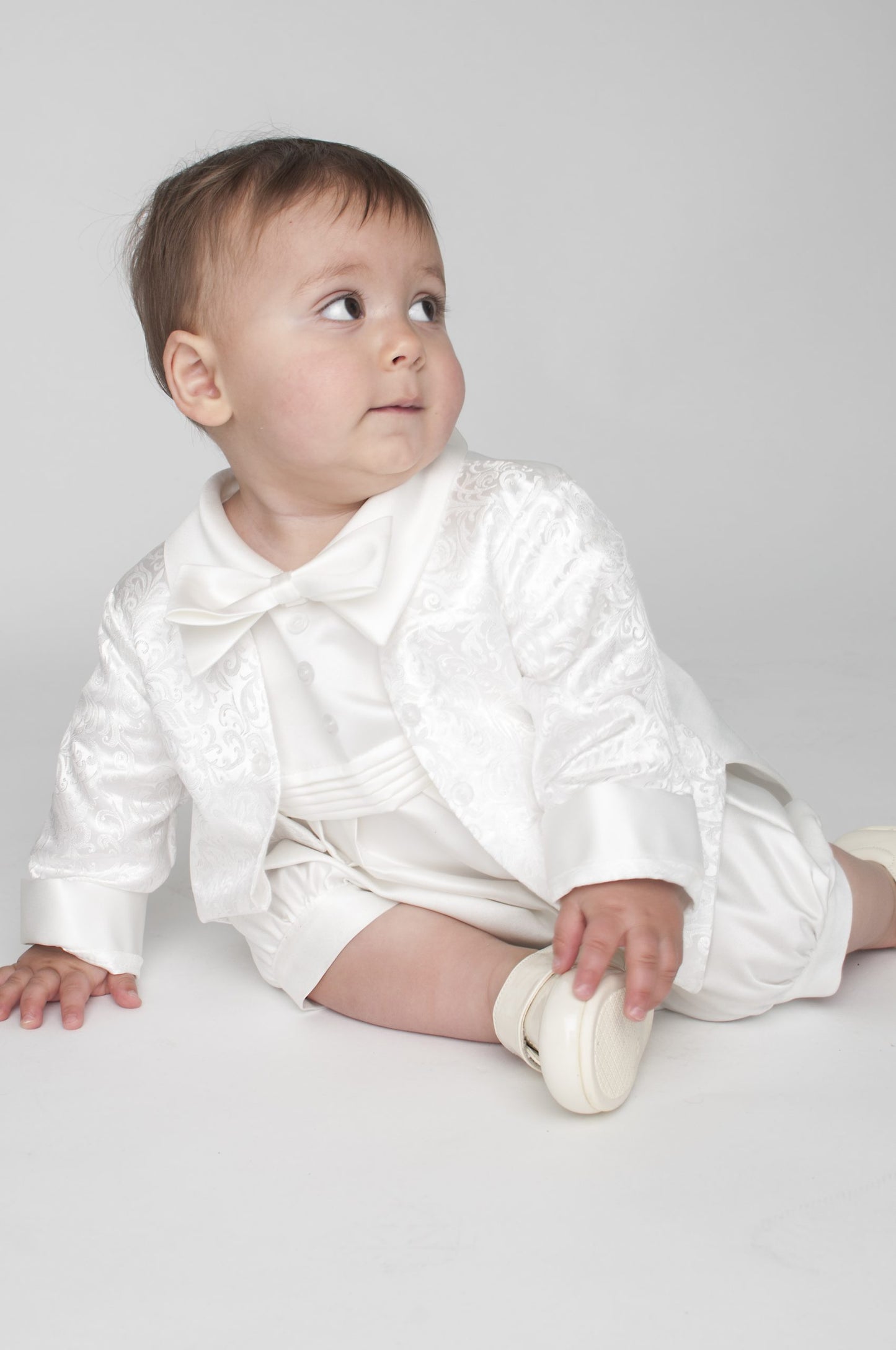 Boys paisley christening romper with jacket colour ivory