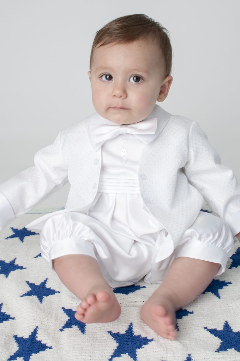 Boys diamond christening romper with jacket colour white