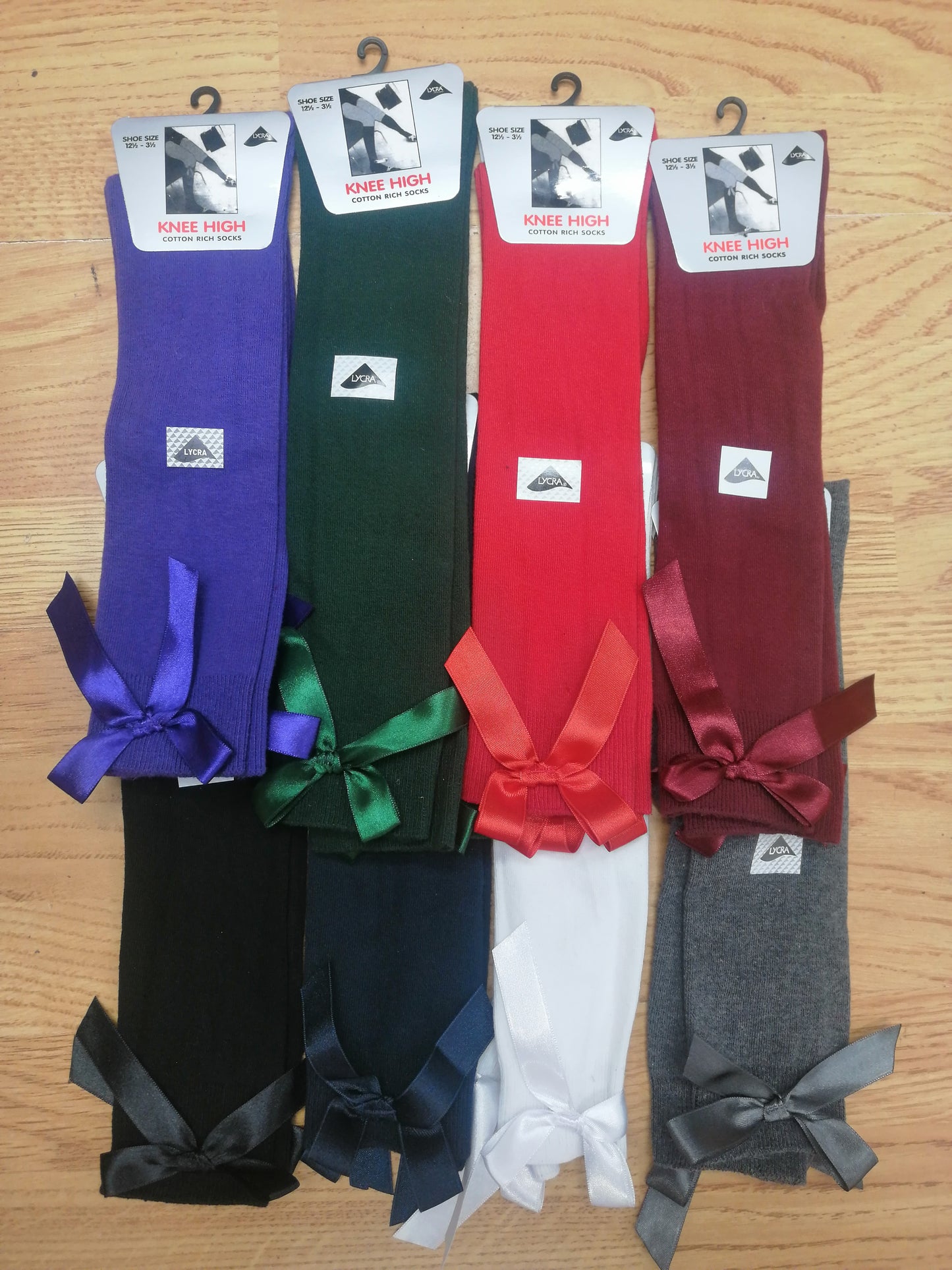 Back to school knee high socks with bows 3 pairs in a pack various colours to choose from and sizes