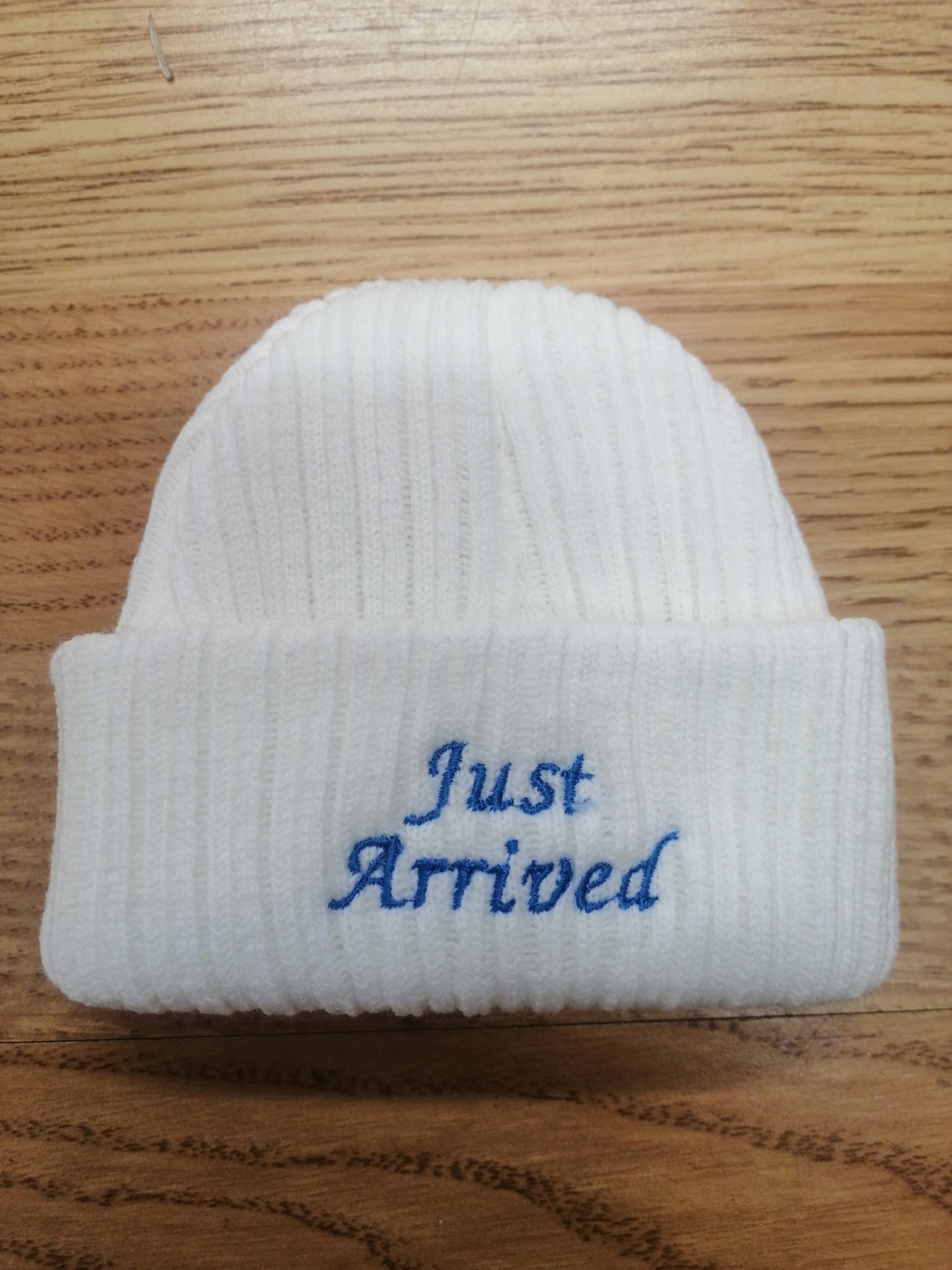 Baby Boys or girls beanie hat embroidered with just arrived size newborn
