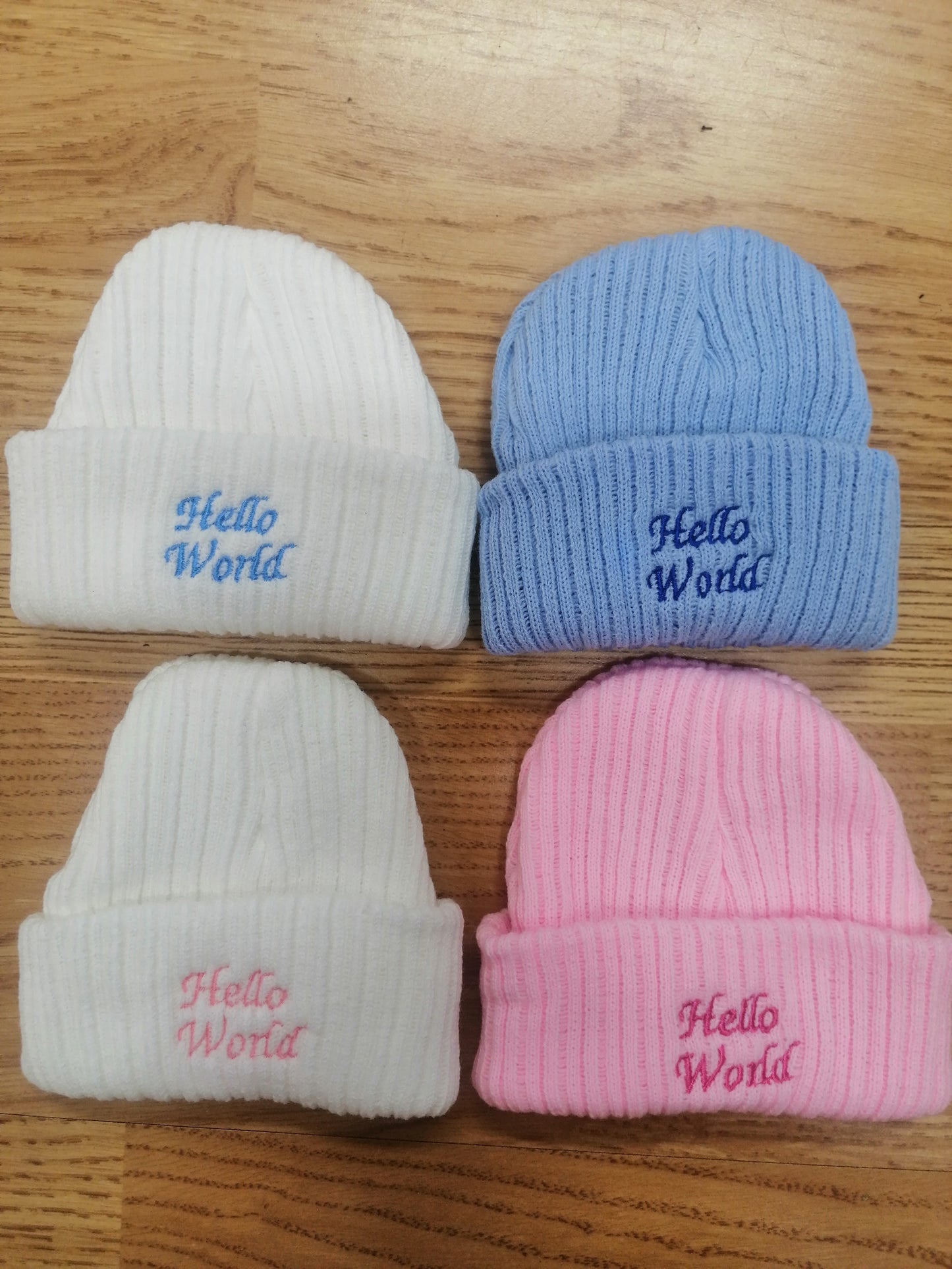 Boys or girls beanie hat embroidered with hello world newborn size
