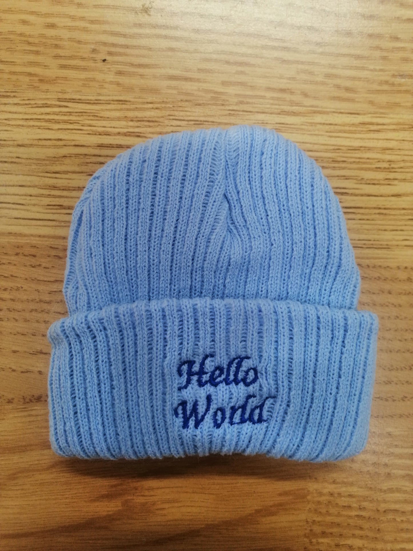 Boys or girls beanie hat embroidered with hello world newborn size