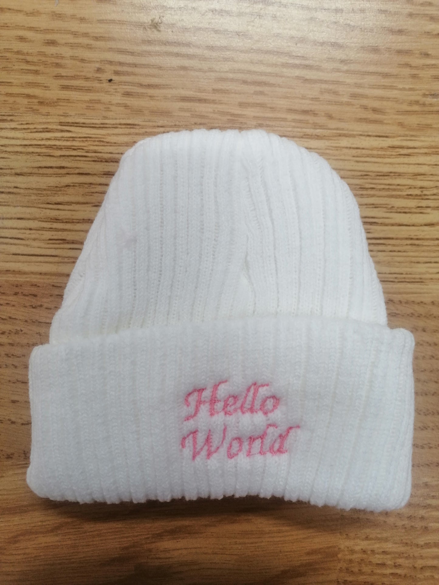 Boys or girls beanie hat embroidered with hello world newborn size