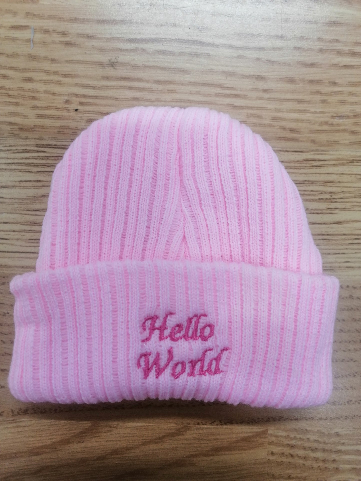 Boys or girls beanie hat embroidered with hello world newborn size