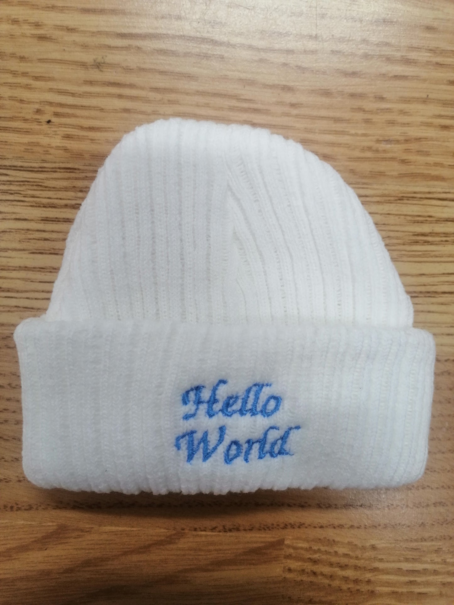 Boys or girls beanie hat embroidered with hello world newborn size