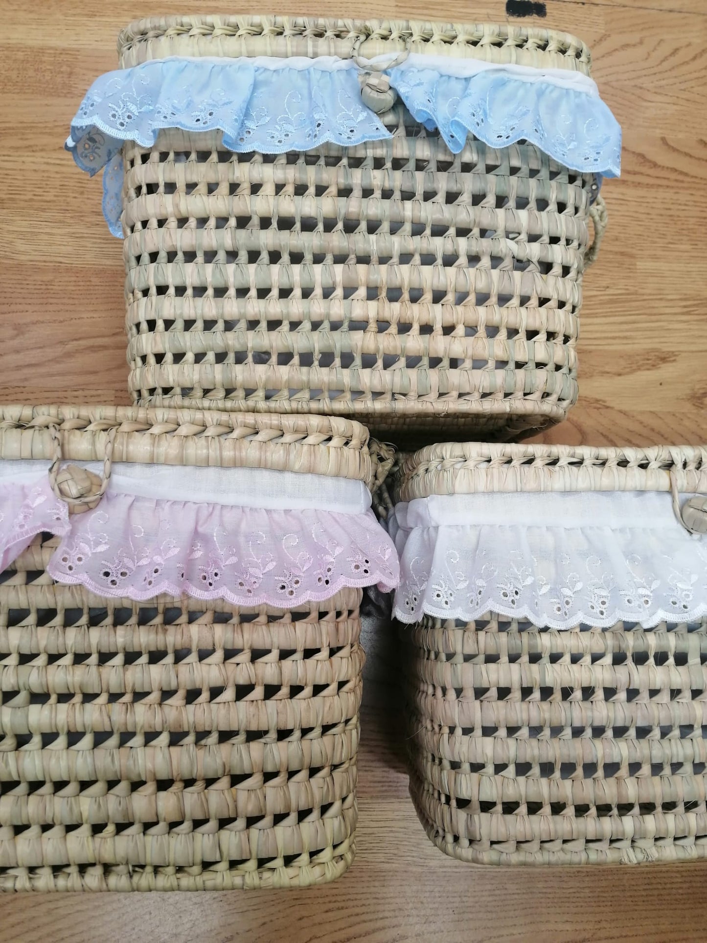 beautiful baby layette basket with broderie anglaise frill and lid