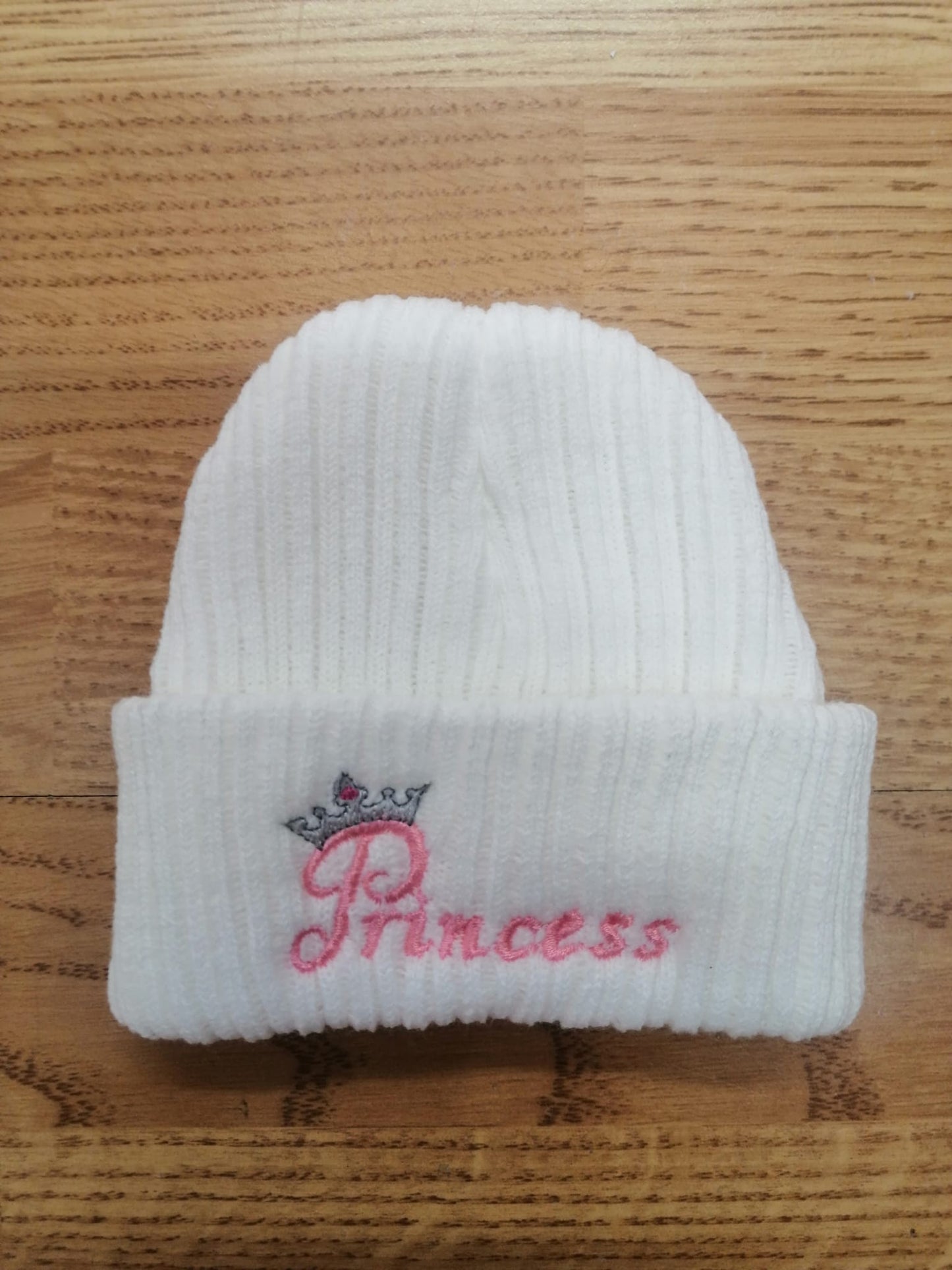 beautiful baby beanie hat embroidered with prince or princess newborn size