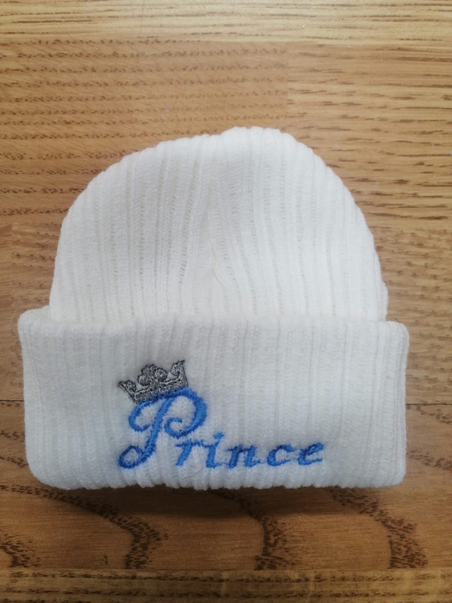 beautiful baby beanie hat embroidered with prince or princess newborn size