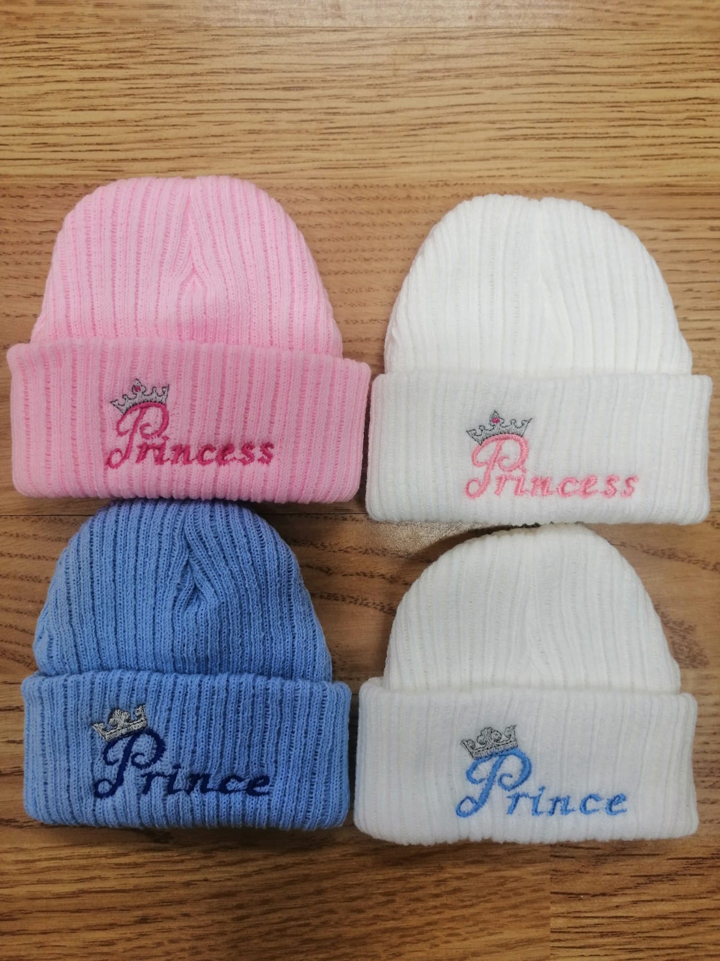 beautiful baby beanie hat embroidered with prince or princess newborn size