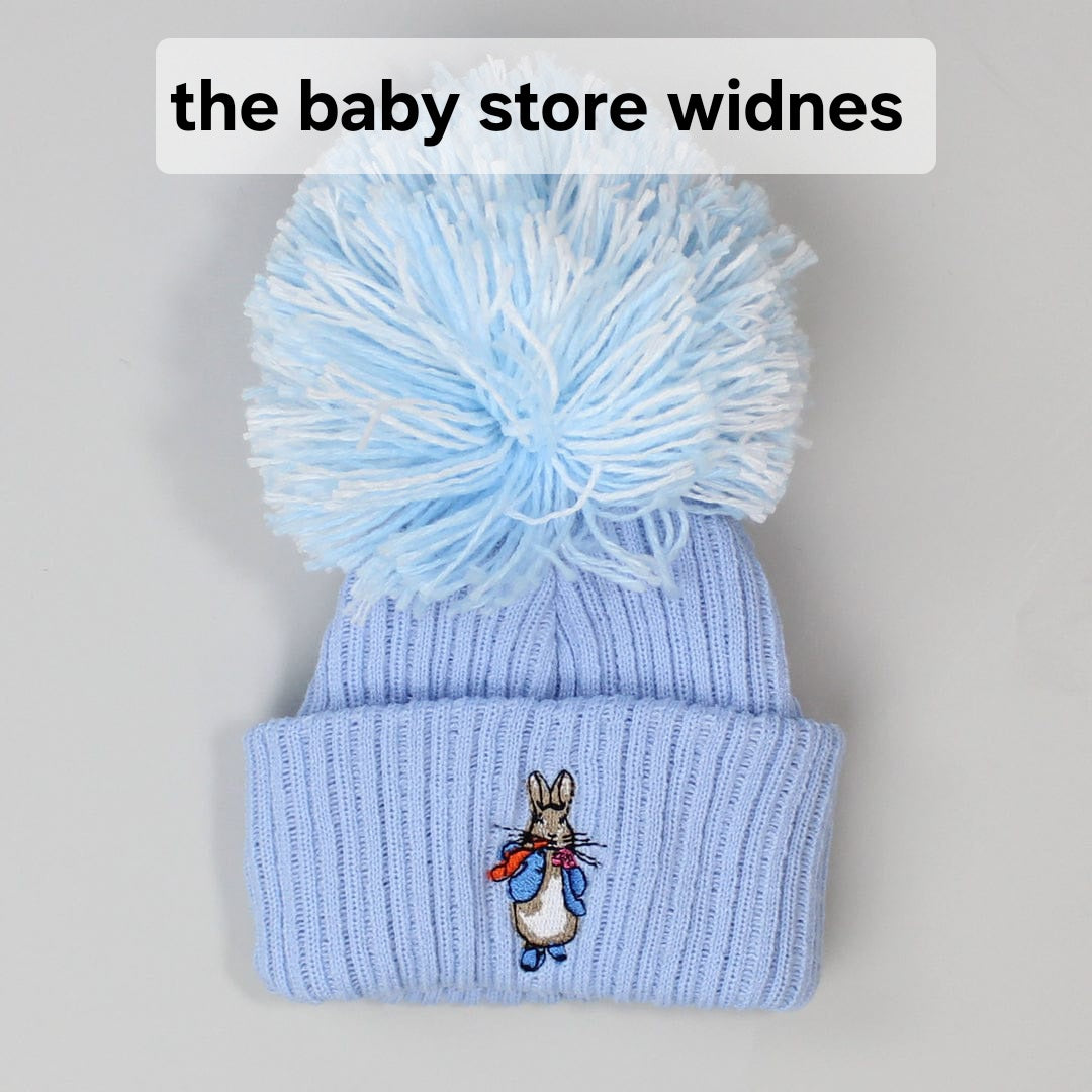 Baby Boys or girls embroidered pom hats with peter rabbit or jemima puddle duck
