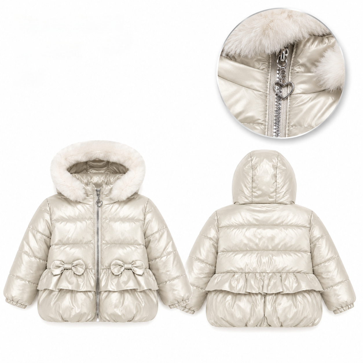 Girls puffer jacket with bows and faux fur hood