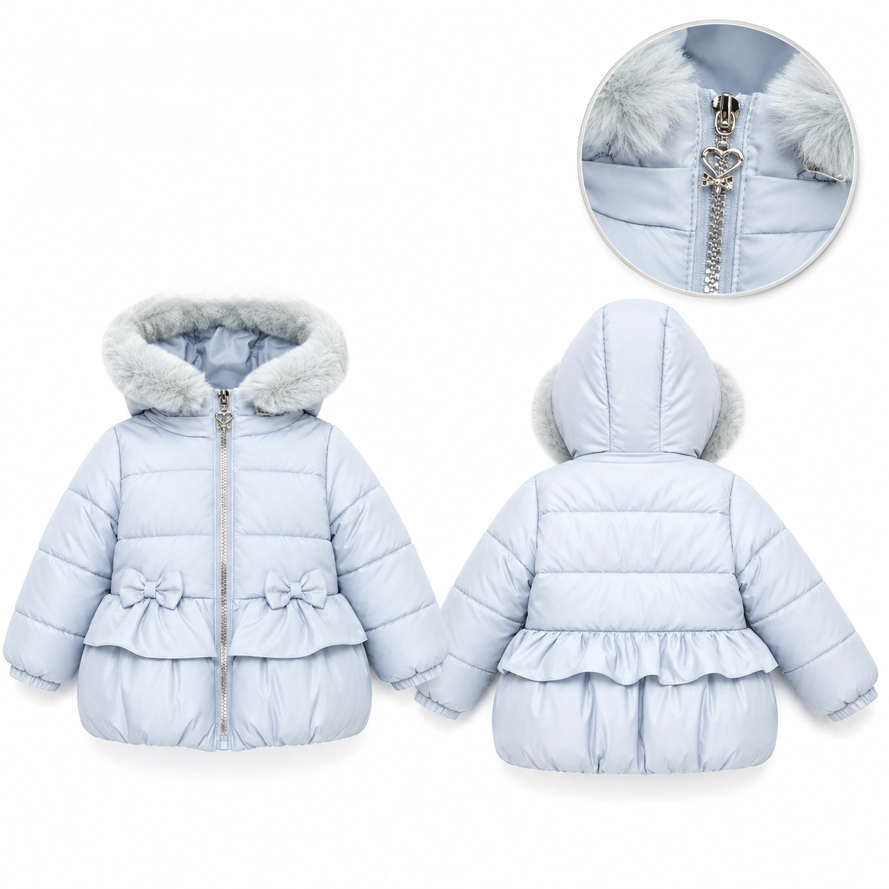 Girls puffer jacket with bows and faux fur hood