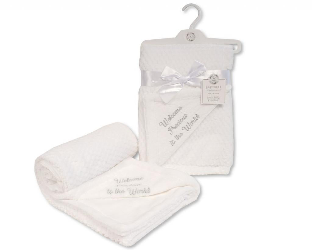 Babys unisex white waffle wrap / blanket embroidered with welcome precious to the world