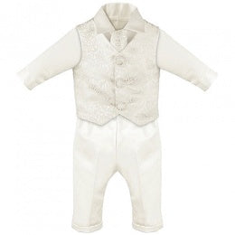 Boys 4 piece christening suit paisley pattern on waistcoat and tie colour ivory