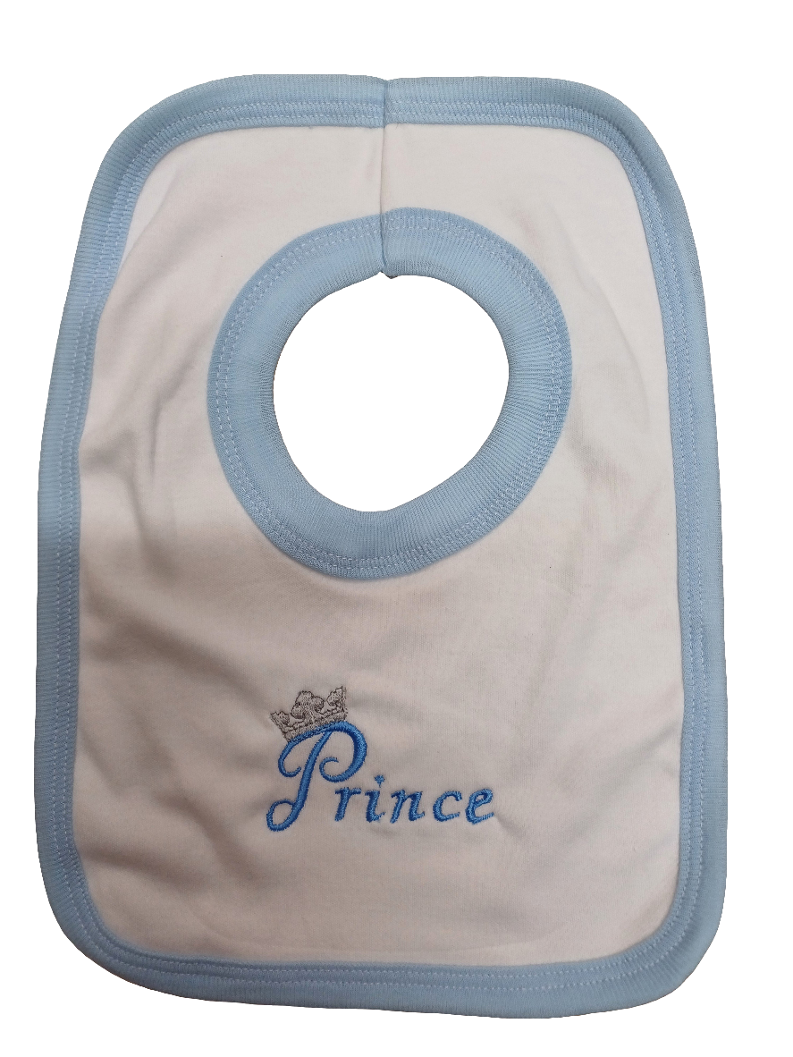 Baby Boys or girls 100% soft cotton bib embroidered with prince or princess various colours to choose from