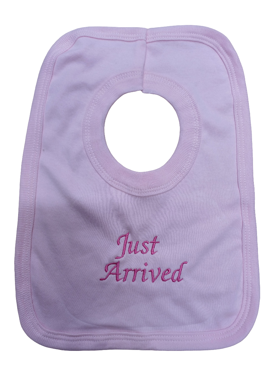 Baby bibs embroidered with just arrive on various colours to choose from 100% cotton
