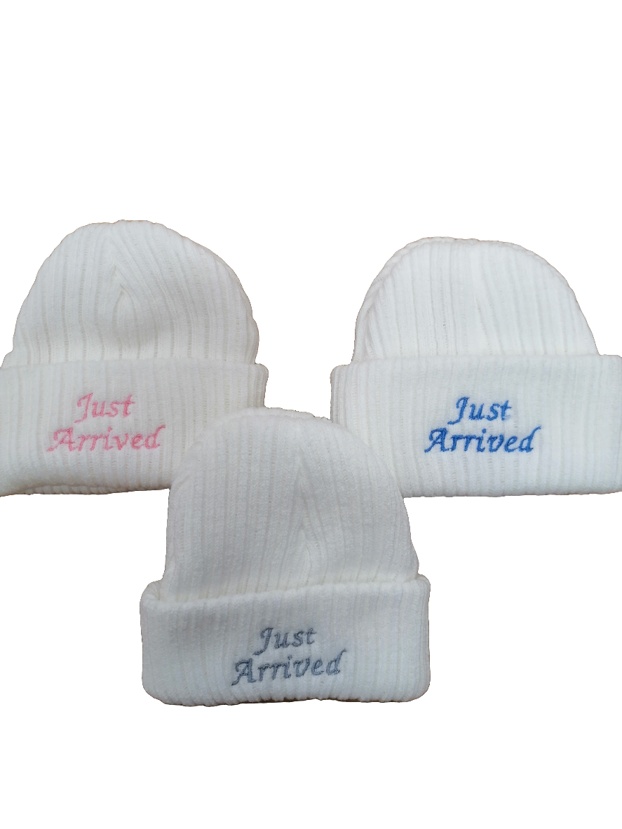 Baby Boys or girls beanie hat embroidered with just arrived size newborn