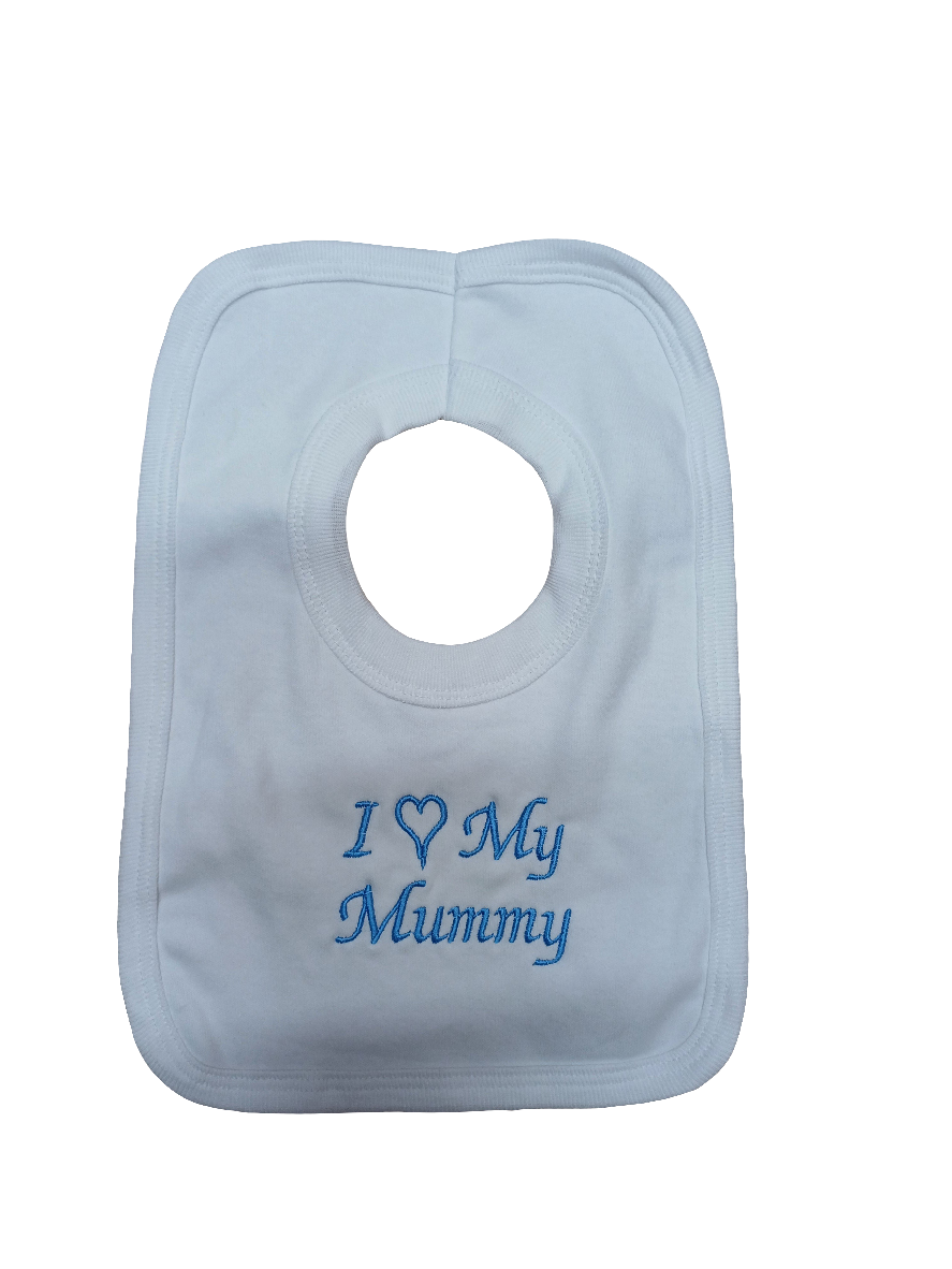 Baby Boys or girls 100% soft cotton bib embroidered with I love my mummy or daddy various colours to choose from
