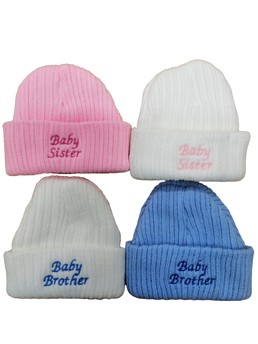 beautiful baby unisex beanie hat embroidered with baby sister or brother. newborn size