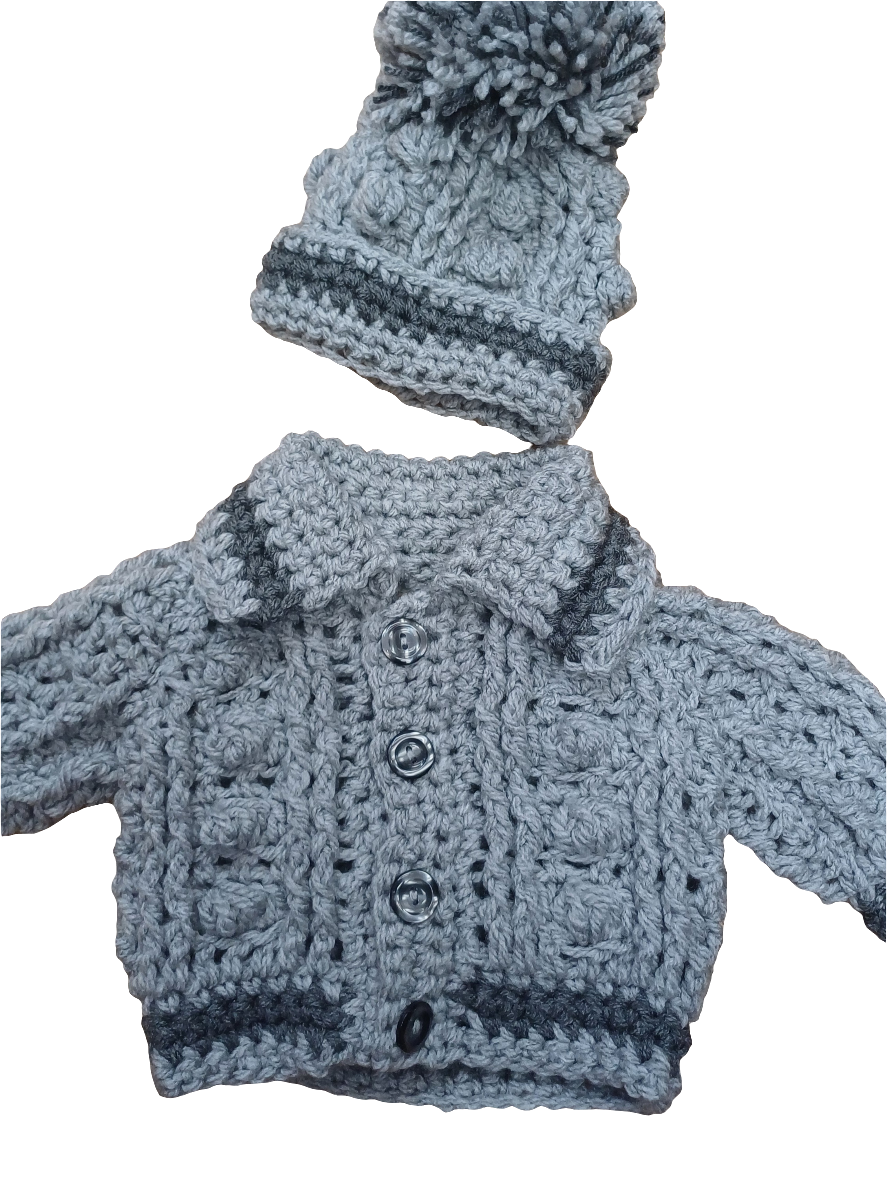 Babys handmade crocheted cardigan and pom hat set