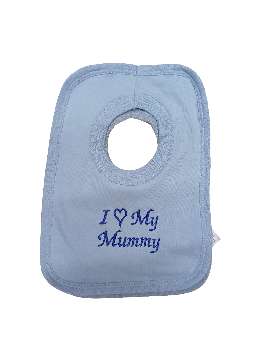 Baby Boys or girls 100% soft cotton bib embroidered with I love my mummy or daddy various colours to choose from