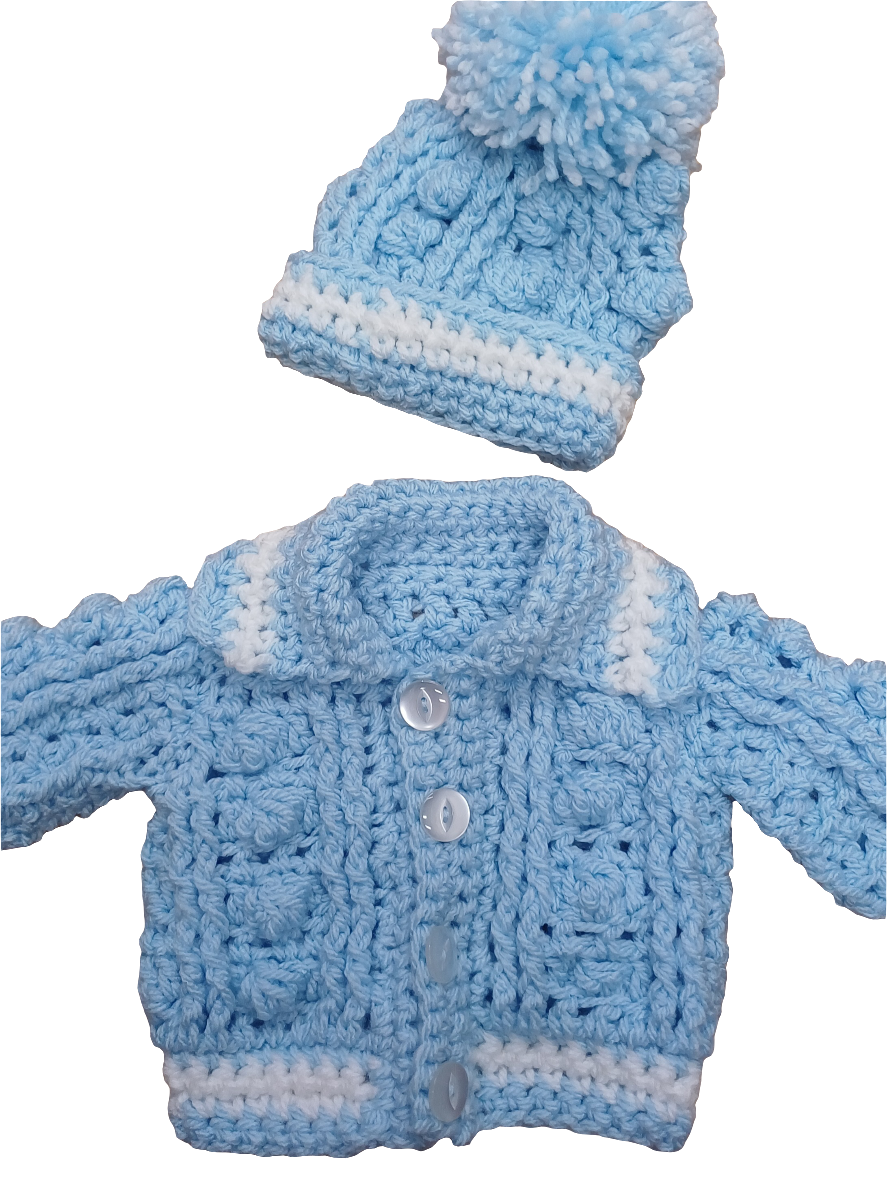 Babys handmade crocheted cardigan and pom hat set