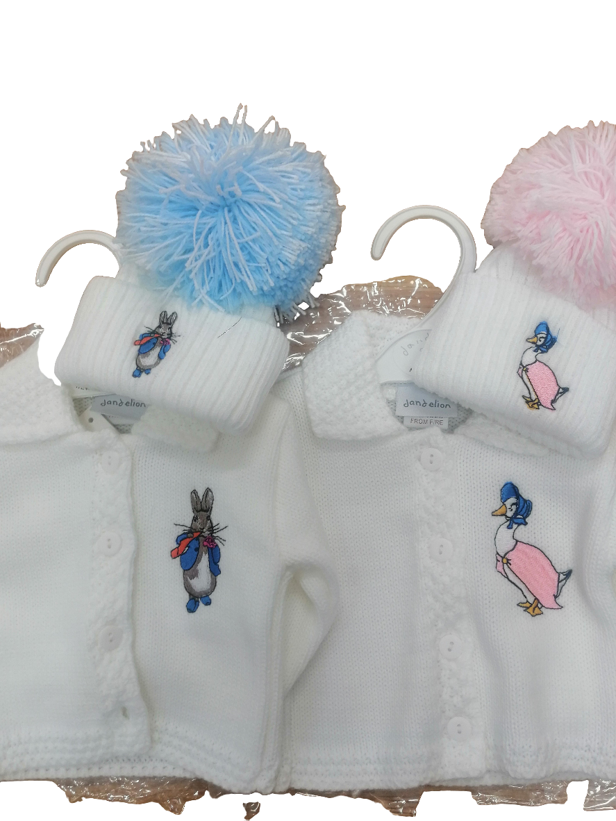 Dandelion boys or girls cardie set with pom hat embroidered with peter rabbit or jemima puddle duck