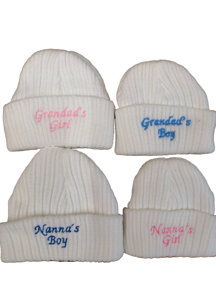 beautiful baby newborn beanie hat embroidered with nannas girl or boy or grandads boy or girl newborn size