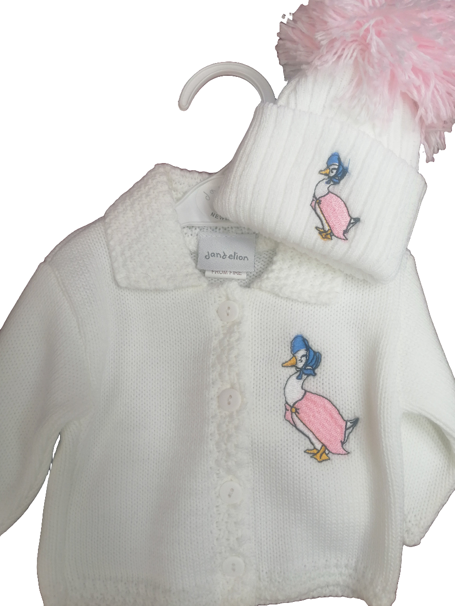 Dandelion boys or girls cardie set with pom hat embroidered with peter rabbit or jemima puddle duck