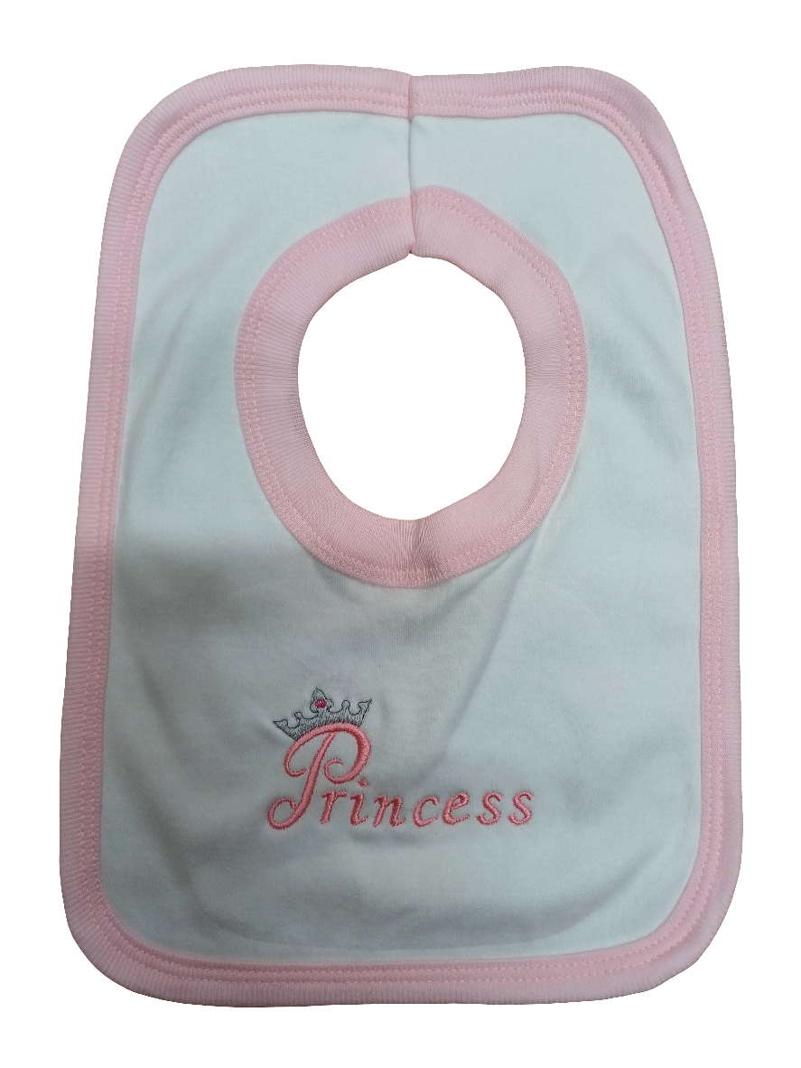 Baby Boys or girls 100% soft cotton bib embroidered with prince or princess various colours to choose from