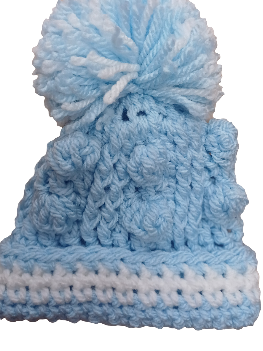Babys handmade crocheted cardigan and pom hat set