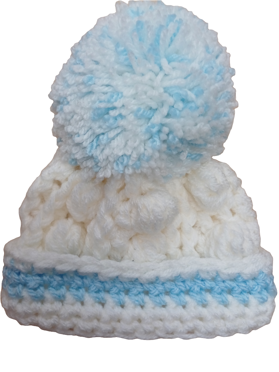 Babys handmade crocheted cardigan and pom hat set