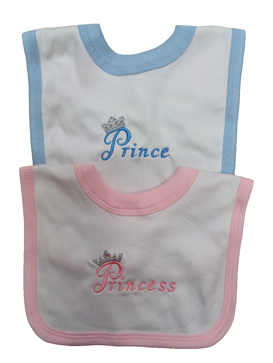 Baby Boys or girls 100% soft cotton bib embroidered with prince or princess various colours to choose from
