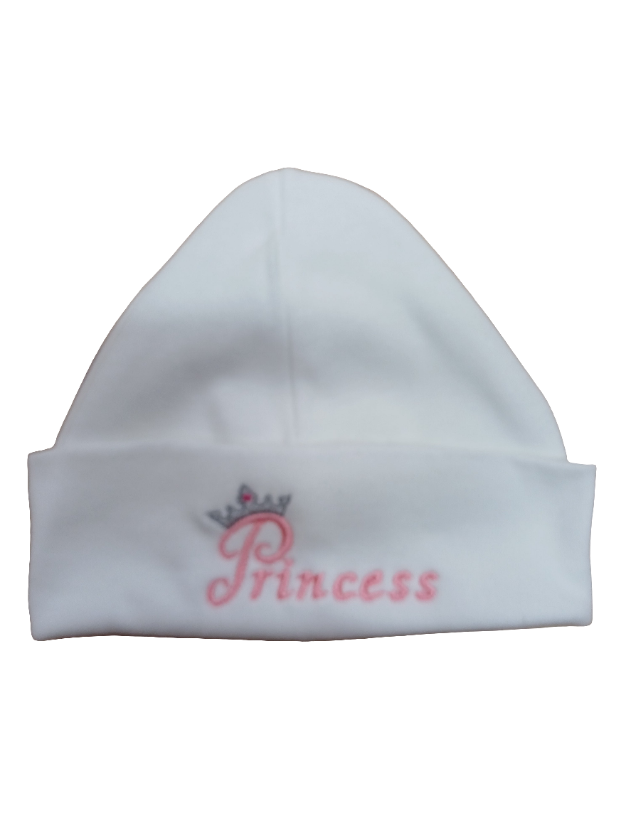Baby Boys or girls 100% soft cotton hat embroidered with prince or princess size newborn
