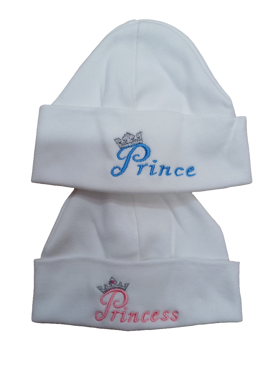 Baby Boys or girls 100% soft cotton hat embroidered with prince or princess size newborn