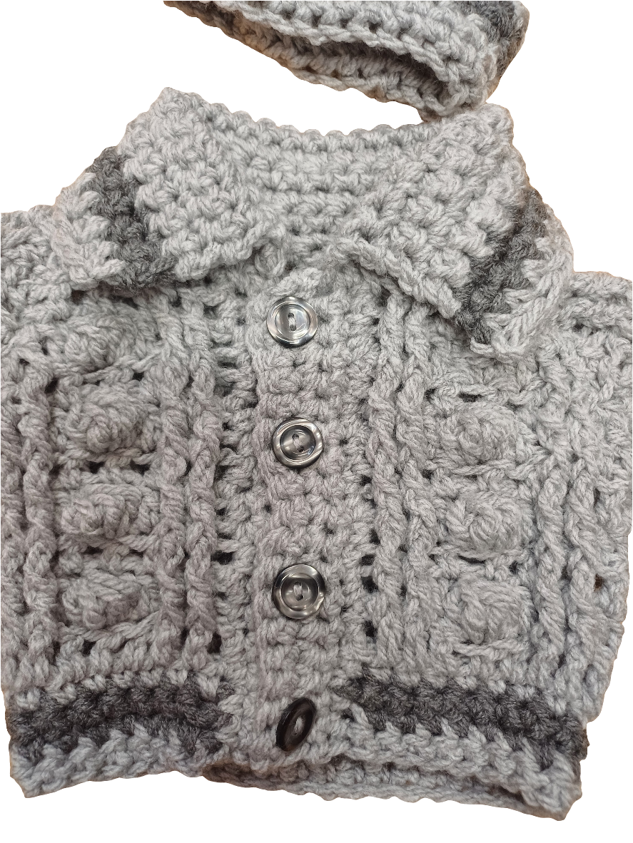 Babys handmade crocheted cardigan and pom hat set