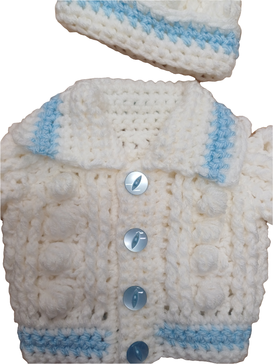 Babys handmade crocheted cardigan and pom hat set
