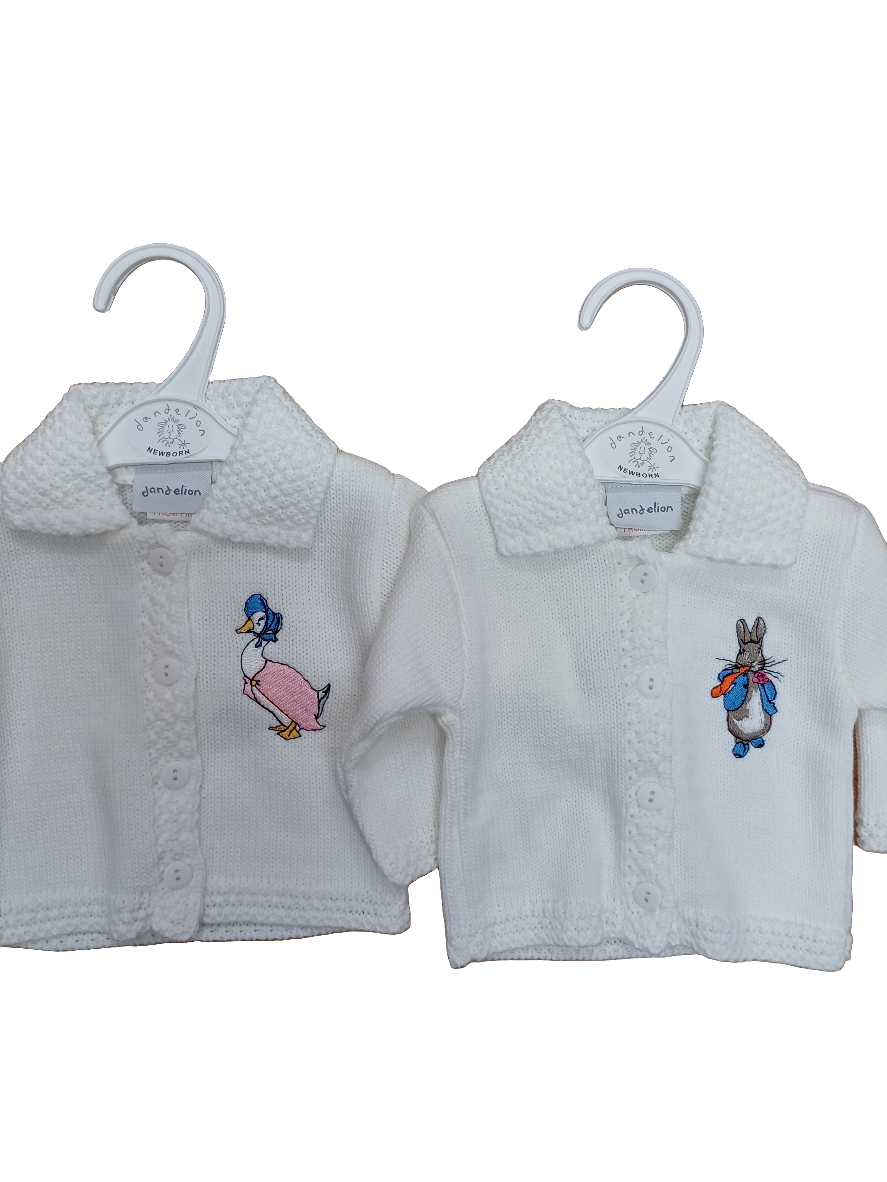 Dandelion boys or girls embroidered cardies with peter rabbit or jemima puddle duck