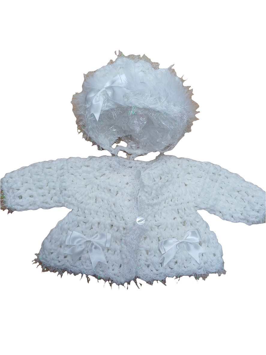 Baby girls handmade crochet pretty cardigan and bonnet set size 0 / 3 months